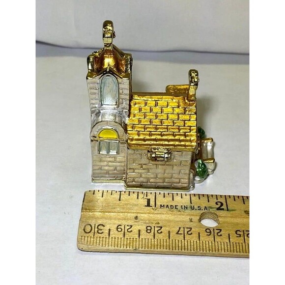 Church Trinket Box, Hinged Collectible, Frosted White Enamel Gold Tone, Crystals - Picture 4 of 6